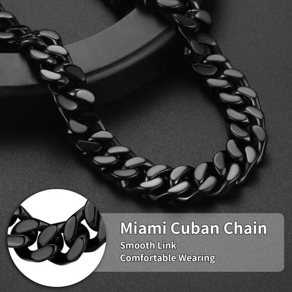 Men's 14mm Width Steel Cuban Durable 18K Gold Plated Hip Hop Chain Black Jewelry